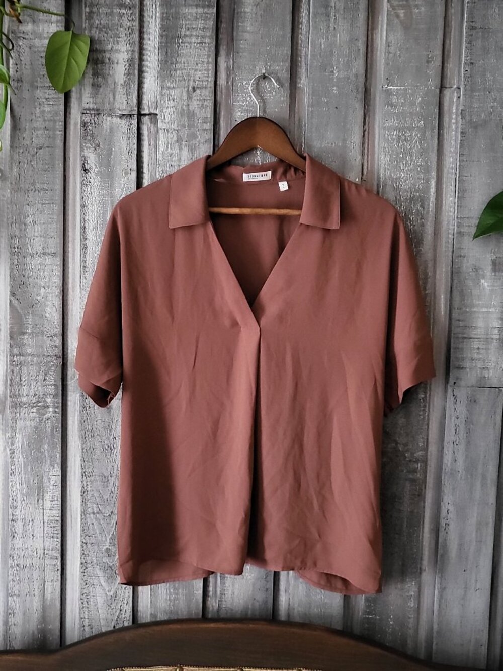Brown Short Sleeve V-Neck Blouse